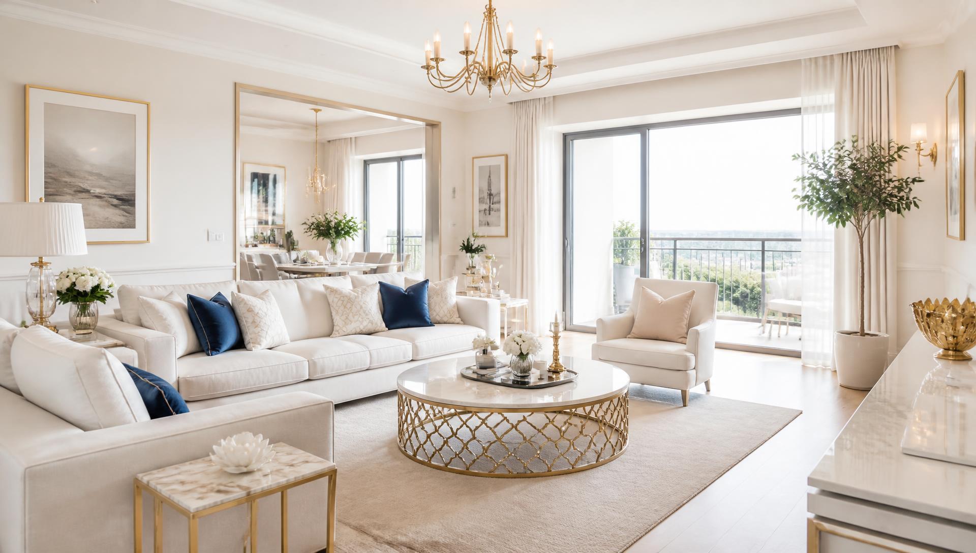 Bright ivory and champagne gold luxury living room interior in a Bangalore apartment